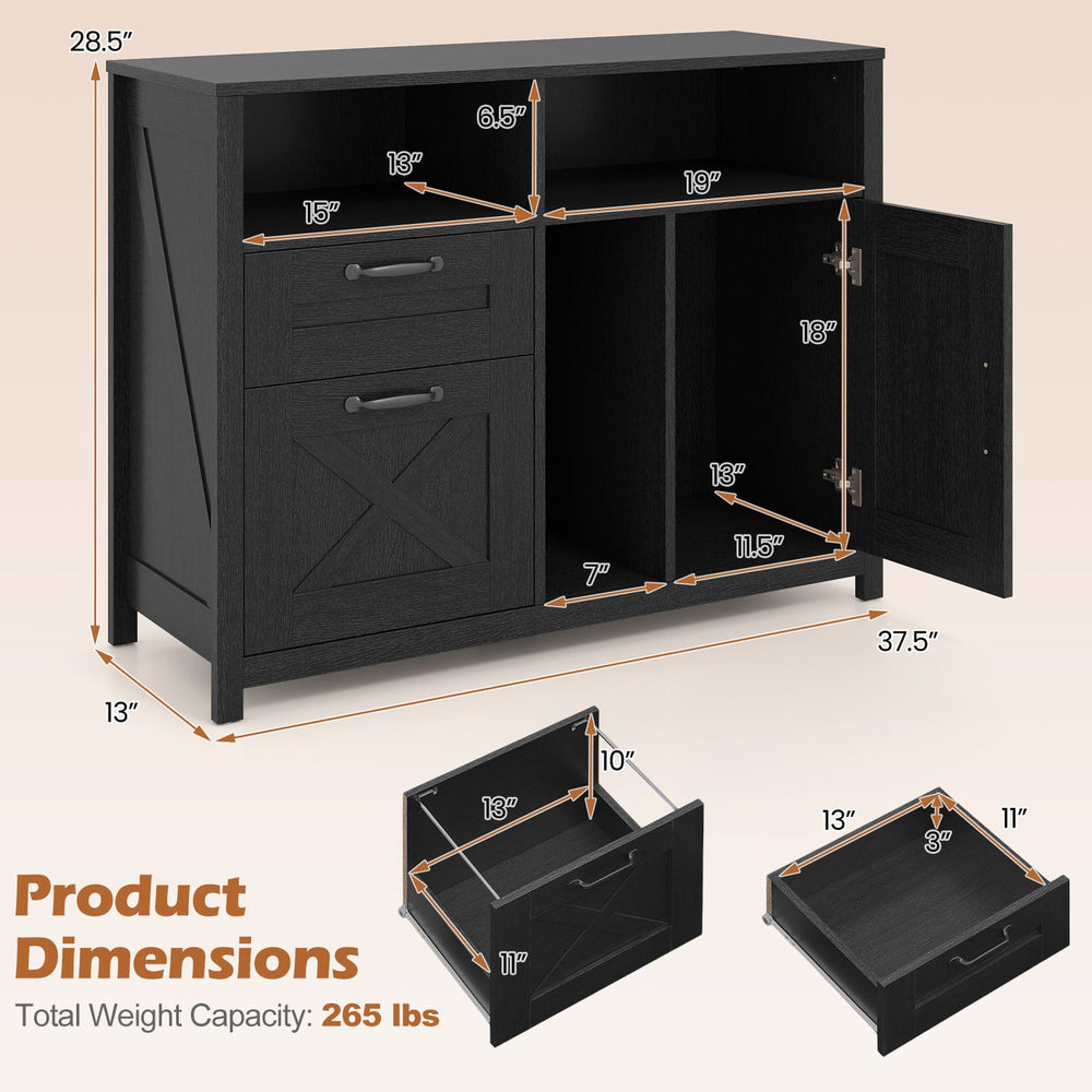 Lateral file cabinet in black with two drawers, single-door cabinet, and adjustable hanging rod for letter/A4 files.