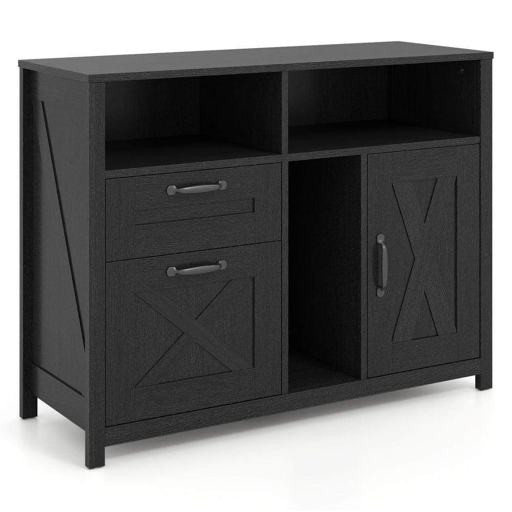 Lateral file cabinet in black features 2 drawers, a single-door cabinet, and 3 compartments for versatile storage.