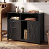 Lateral file cabinet in black with 2 drawers, single-door cabinet, and rustic barn wood grain design for home office storage.