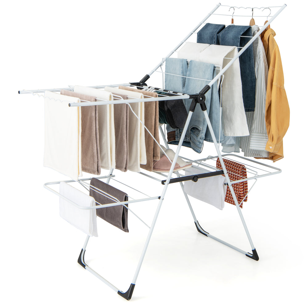 Height adjustable 2-level laundry drying rack with clothes hanging, sock clips, and sturdy metal construction for.