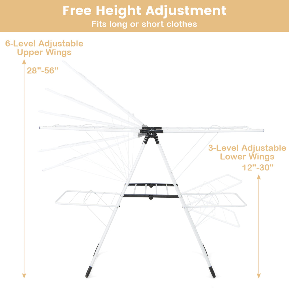 Height adjustable 2-level laundry drying rack with sturdy metal tubes, ideal for indoor or outdoor use.