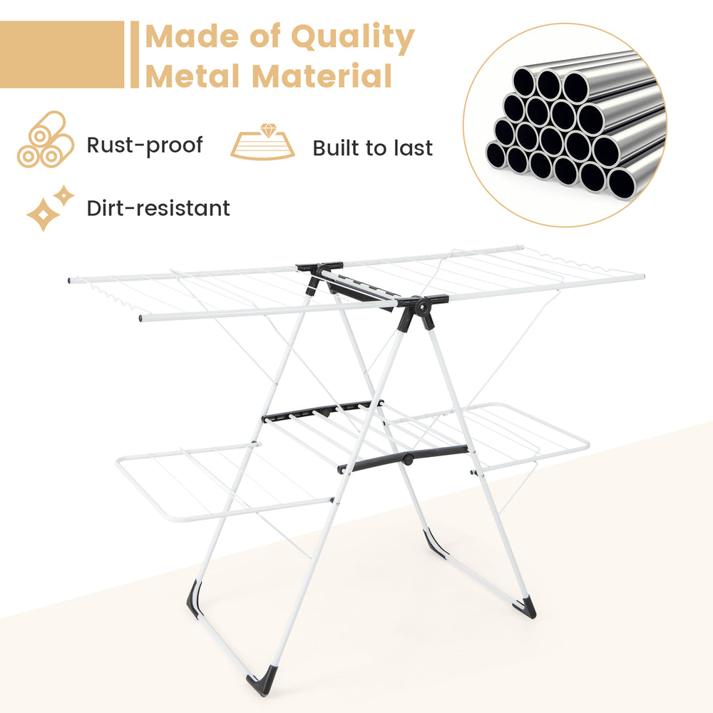 2-level laundry drying rack with height adjustable wings, rustproof metal, and foldable design for indoor or outdoor.