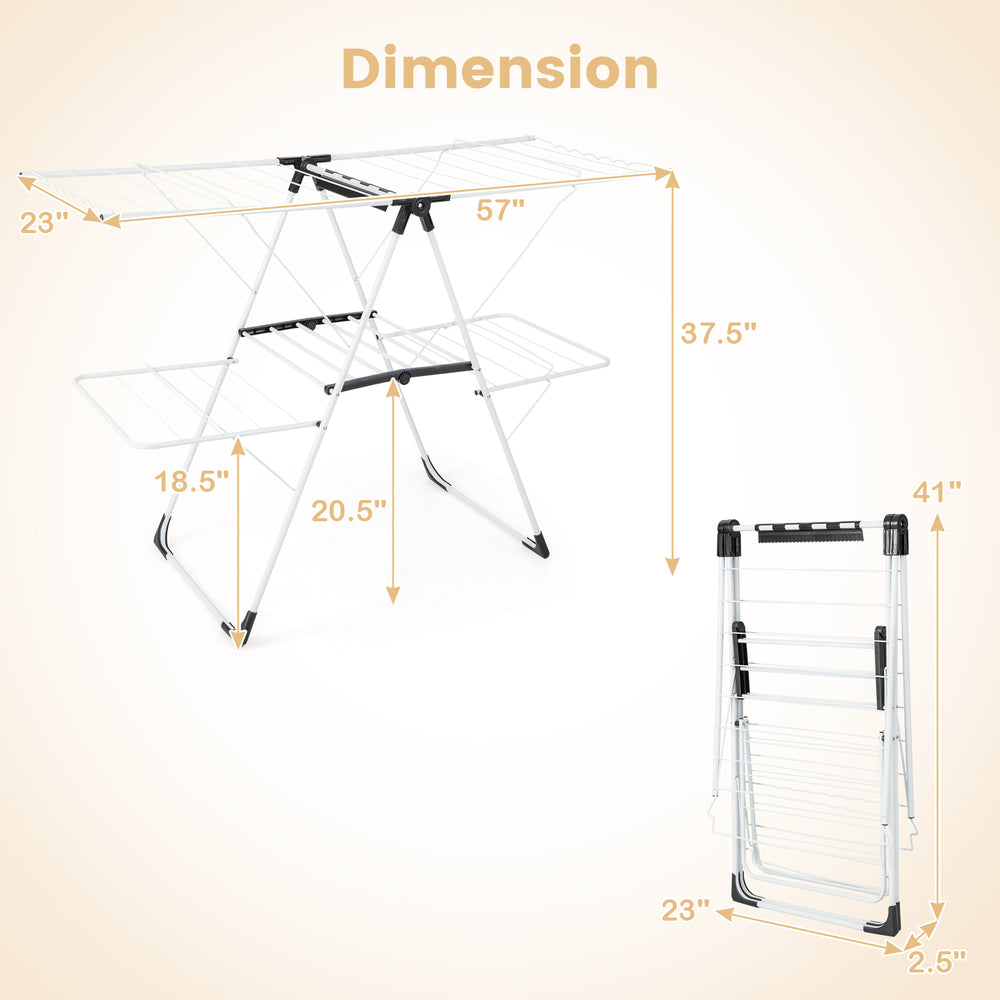 2-level laundry drying rack with adjustable wings, sturdy metal frame, and foldable design for indoor or outdoor use.