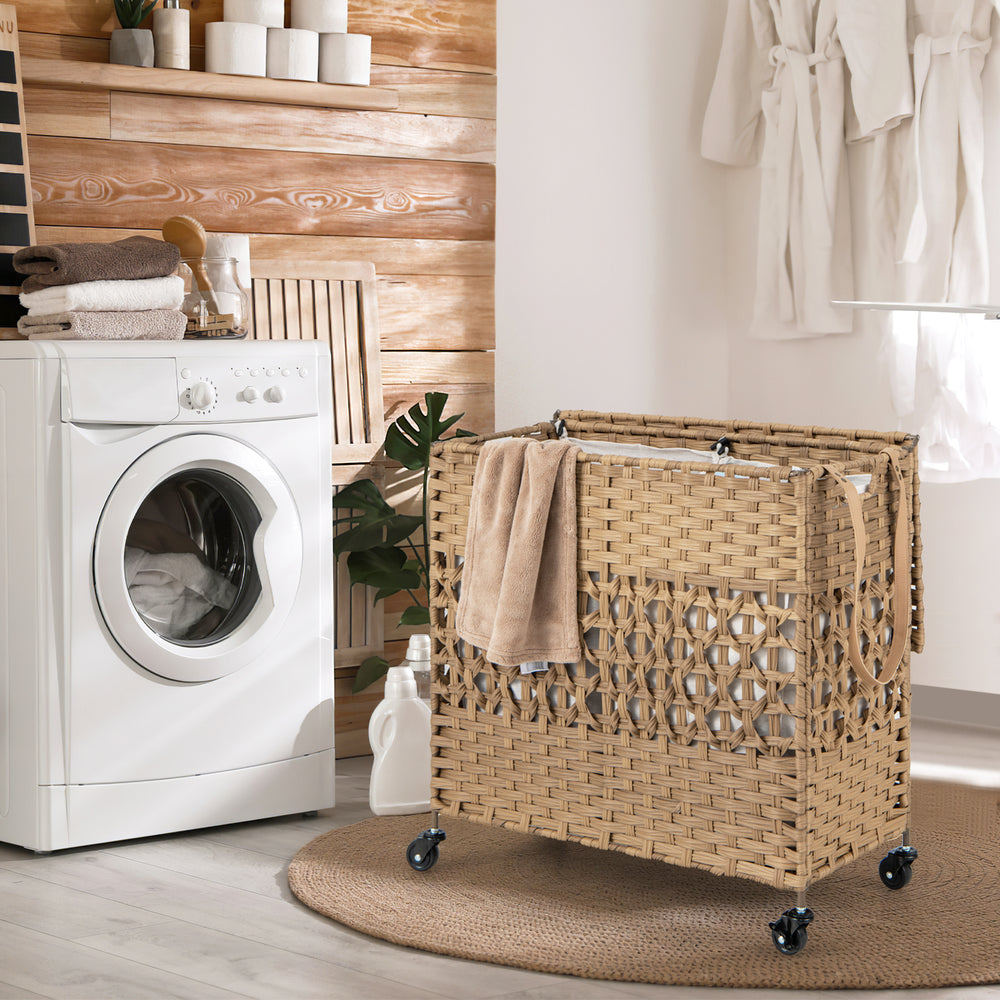 110L 2-Section Laundry Hamper with 2 Removable and Washable Liner Bags-Natural - Gallery View 1 of 10