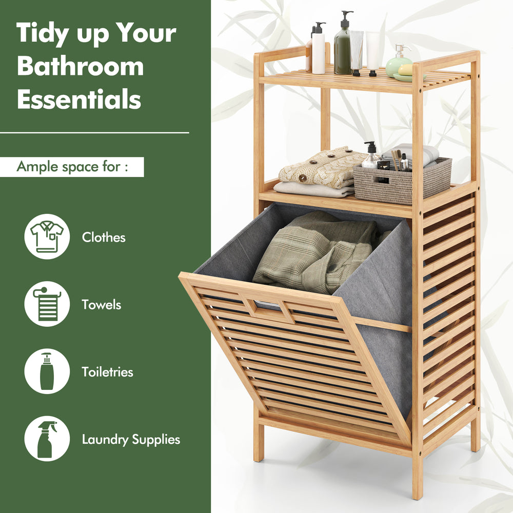 Bamboo tilt-out laundry hamper with removable basket and two shelves for toiletries, ideal for bathrooms and laundry.