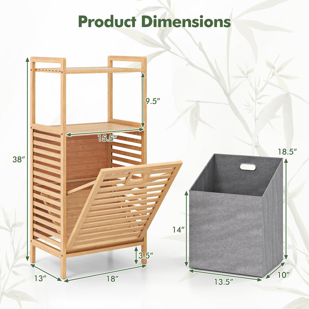 Bamboo tilt-out laundry hamper with removable basket, featuring two shelves and raised legs for easy access and.