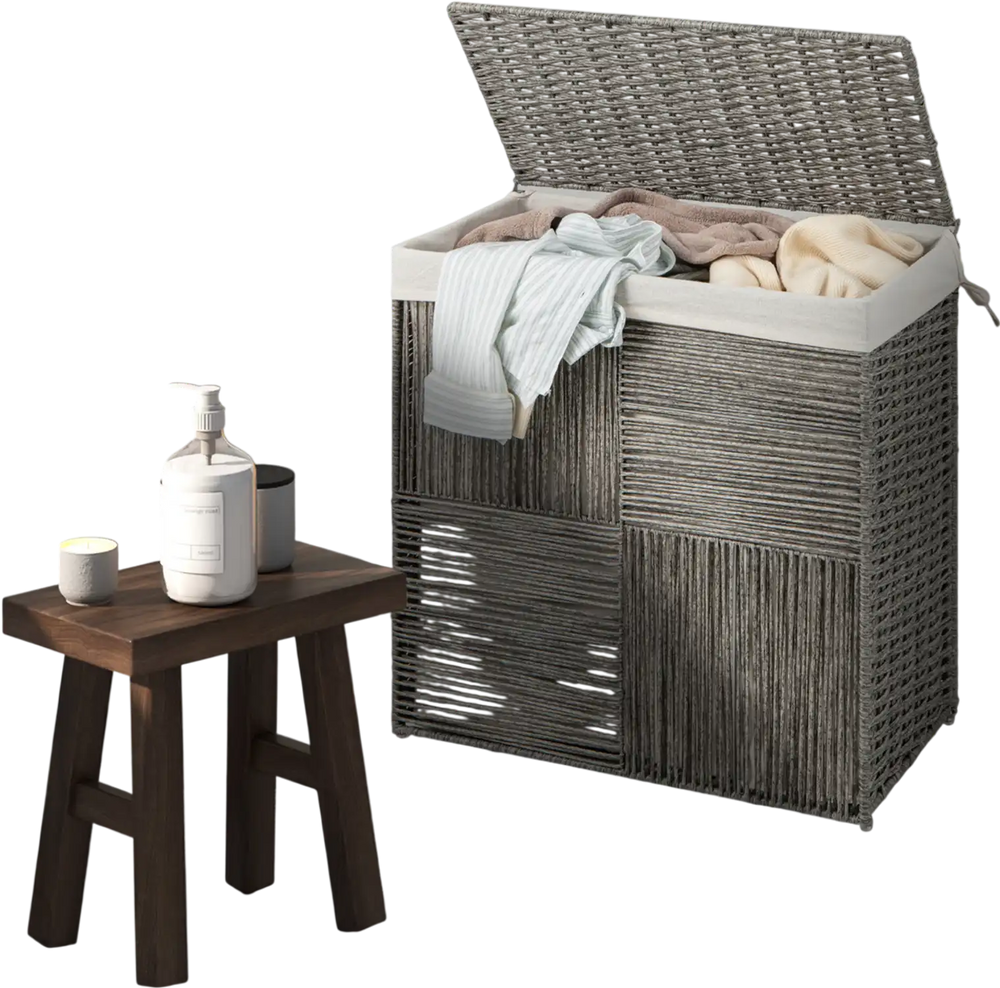Gray 29-gallon laundry hamper with removable liner bag and convenient handles, perfect for bathroom or laundry room use.