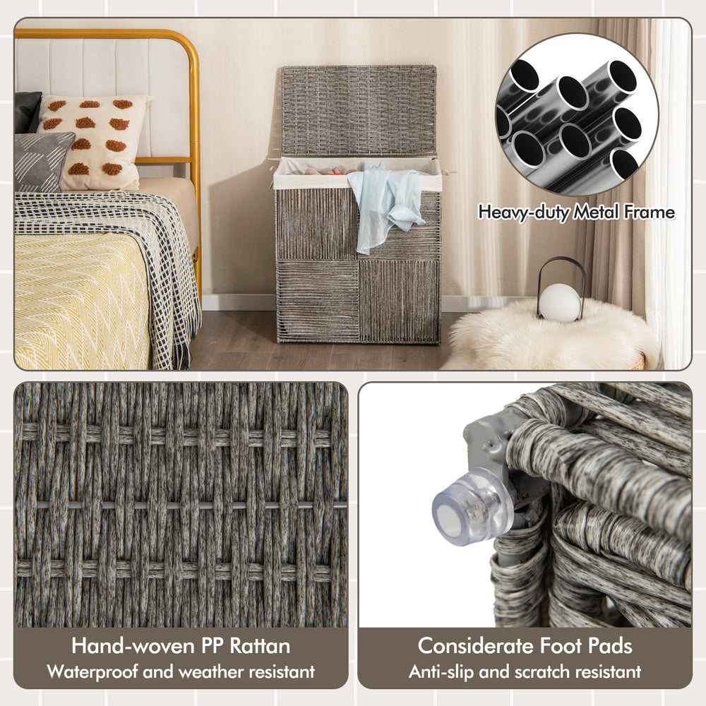 Gray 29-gallon laundry hamper with hand-woven PP rattan, removable liner bag, and convenient handles for easy movement.