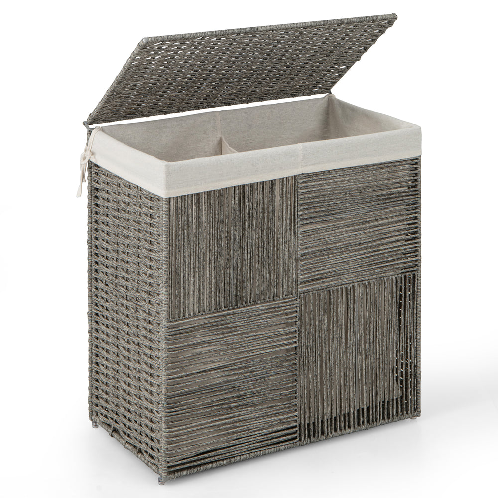 Gray 29-gallon laundry hamper with removable liner, hand-woven PP rattan, and convenient handles for easy movement.