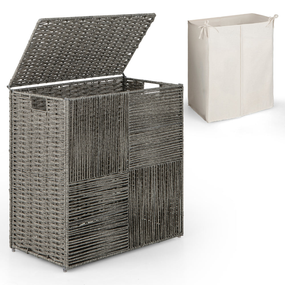 Gray 29-gallon laundry hamper with removable liner bag, hand-woven PP rattan, and convenient handles for easy movement.
