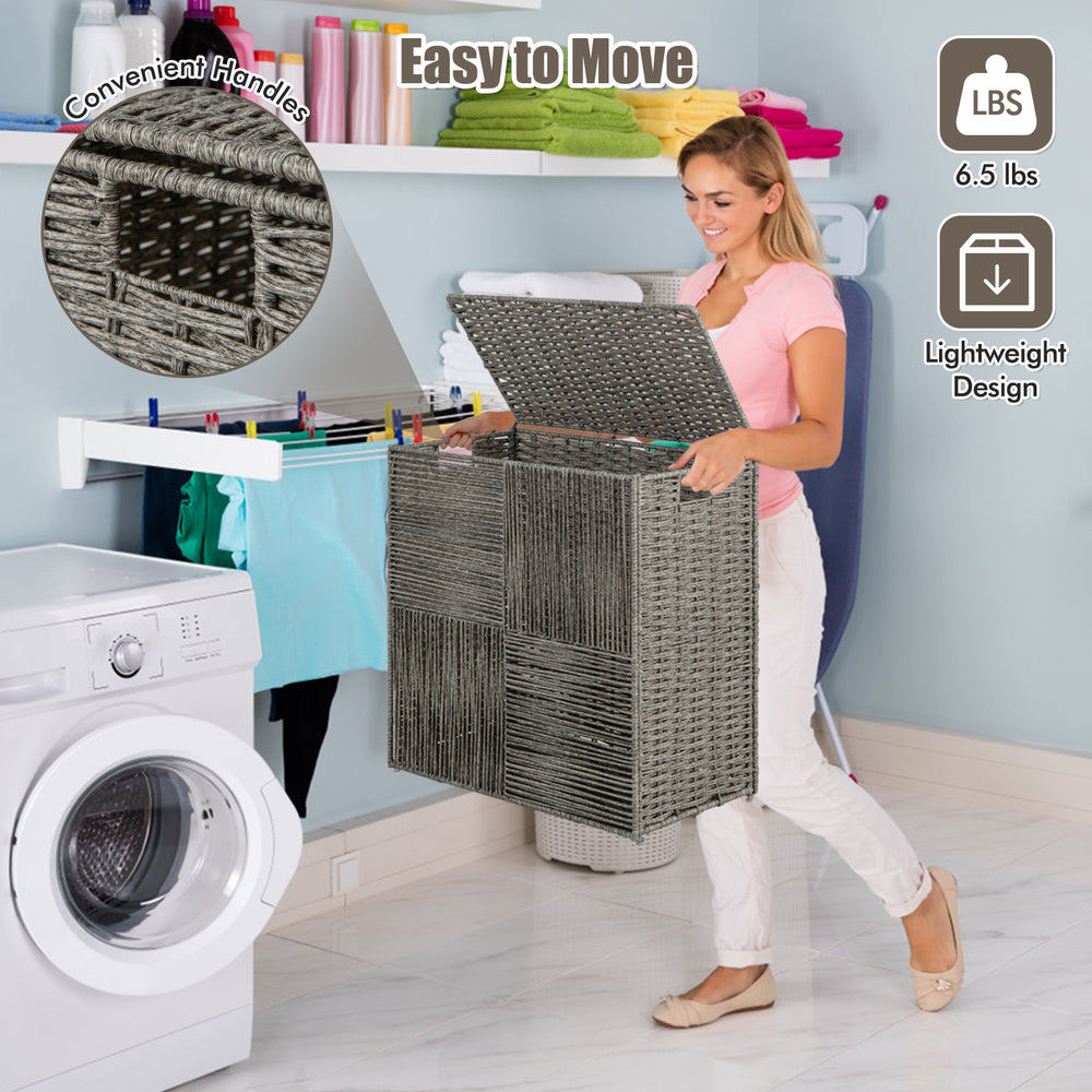 Gray 29-gallon laundry hamper with convenient handles, removable liner bag, and lightweight design for easy movement.