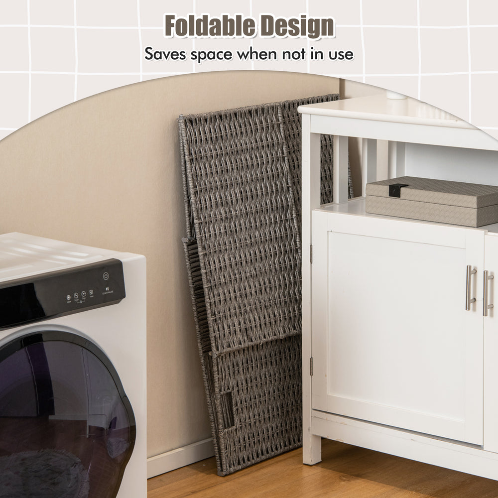 Gray 29-gallon laundry hamper with foldable design, convenient handles, and removable liner bag for space-saving.