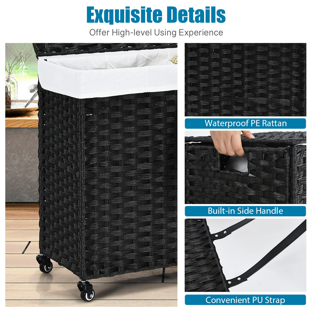 Laundry hamper with wheels and lid in black, made of waterproof PE rattan, featuring a 125L capacity for easy storage.