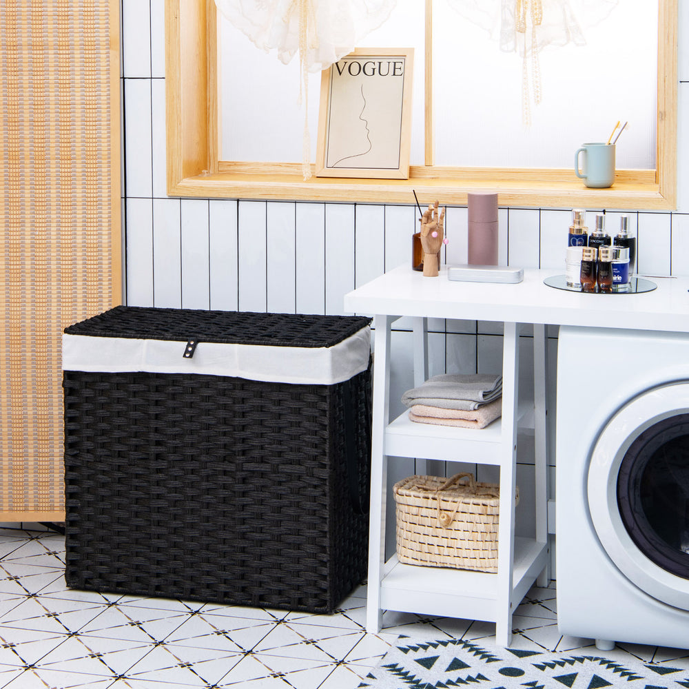 Black laundry hamper with wheels and lid, featuring a sturdy PE rattan design and 125L capacity for versatile storage.