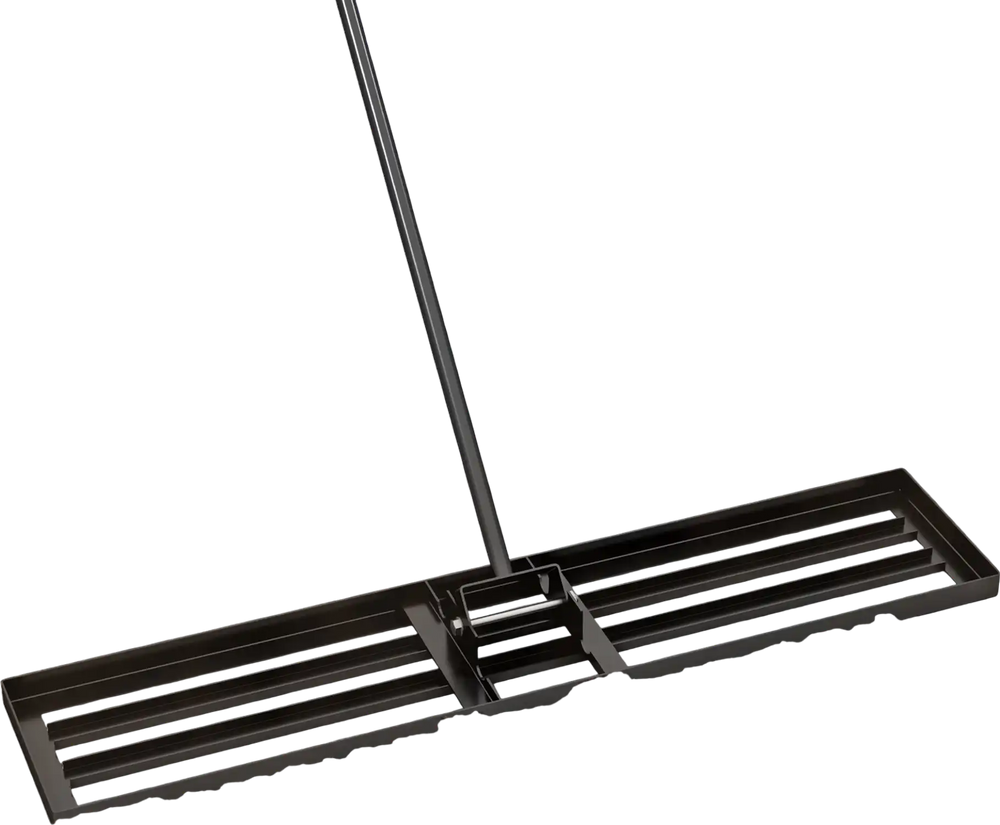 Heavy duty 46 x 10 inch lawn leveling rake with sturdy metal frame and rotatable head for efficient soil leveling.