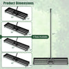 Lawn leveling rake dimensions showcasing 46 x 10 inch heavy-duty tool with adjustable handle for easy soil leveling.