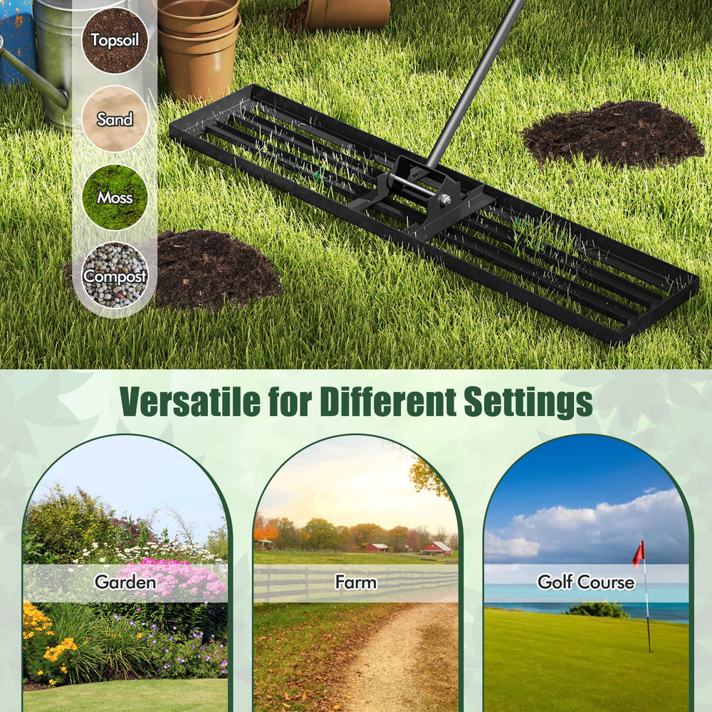 Lawn leveling rake with a wide plate and sturdy metal frame, ideal for gardens, farms, and golf courses.