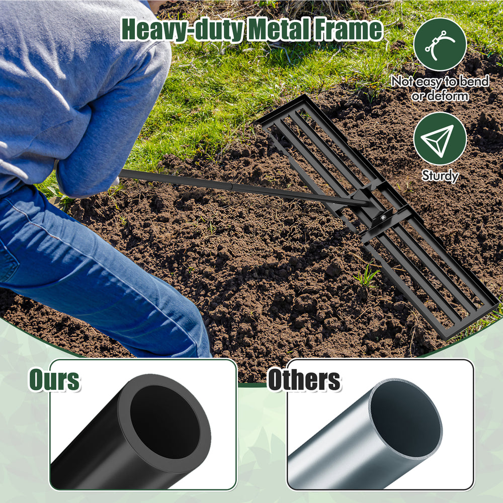 Lawn leveling rake with a heavy-duty metal frame, 46 x 10 inches, designed for efficient soil leveling in gardens or.