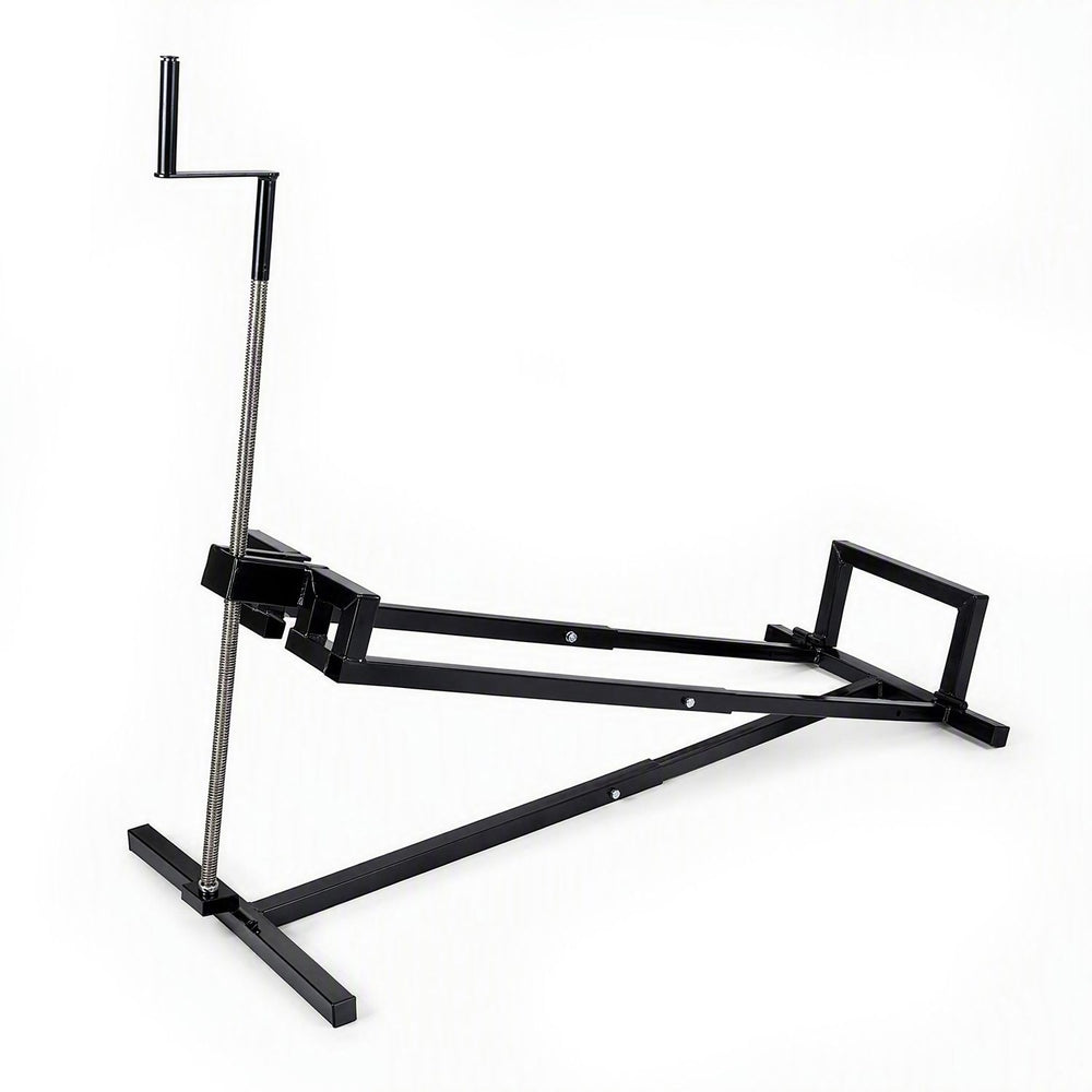 Lawn mower lift jack in black, featuring heavy-duty metal construction and adjustable height for easy maintenance and cleaning.
