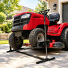 Lawn mower lift jack in black, designed for easy maintenance with an 880 lbs capacity and adjustable height for ride-on mowers.