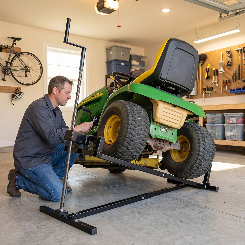 Lawn mower lift jack in use, featuring heavy-duty metal construction and adjustable height for maintenance tasks.