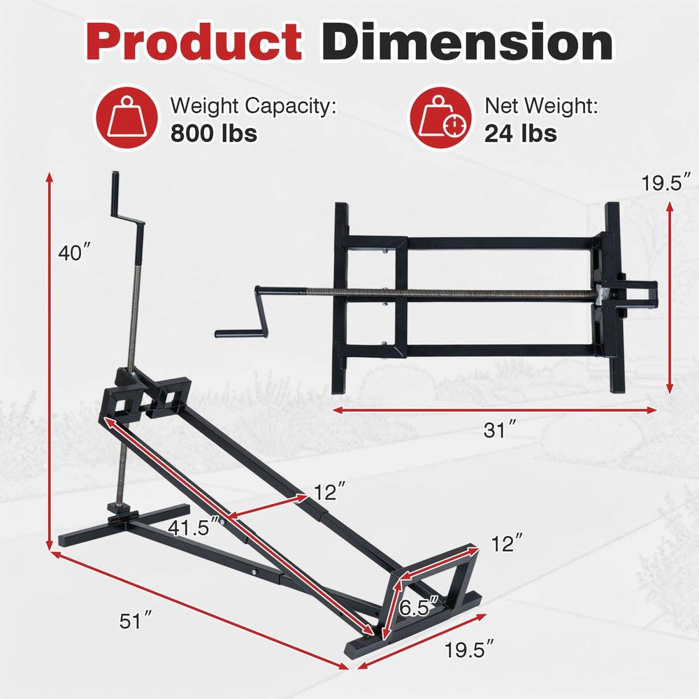 Lawn mower lift jack with heavy-duty metal construction, 800 lbs capacity, adjustable height, and foldable design for easy storage.