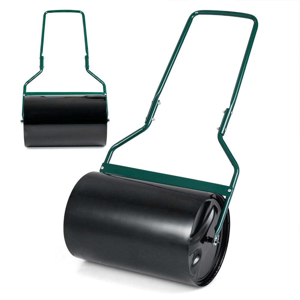 Lawn roller with U-shape handle, 12-gallon capacity, designed for leveling soil and compacting gardens.