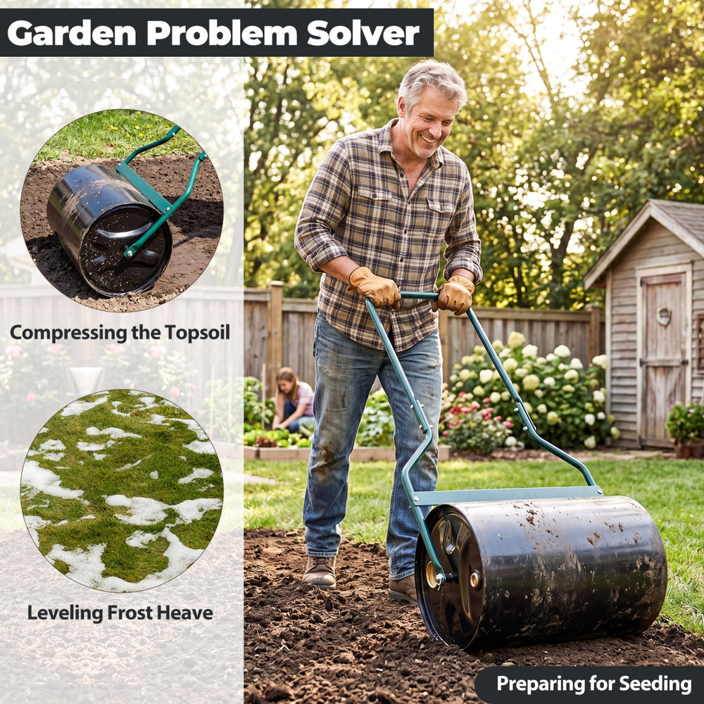 Lawn roller with U-shape handle, 12-gallon capacity, used for compressing topsoil and leveling frost heave in gardens.