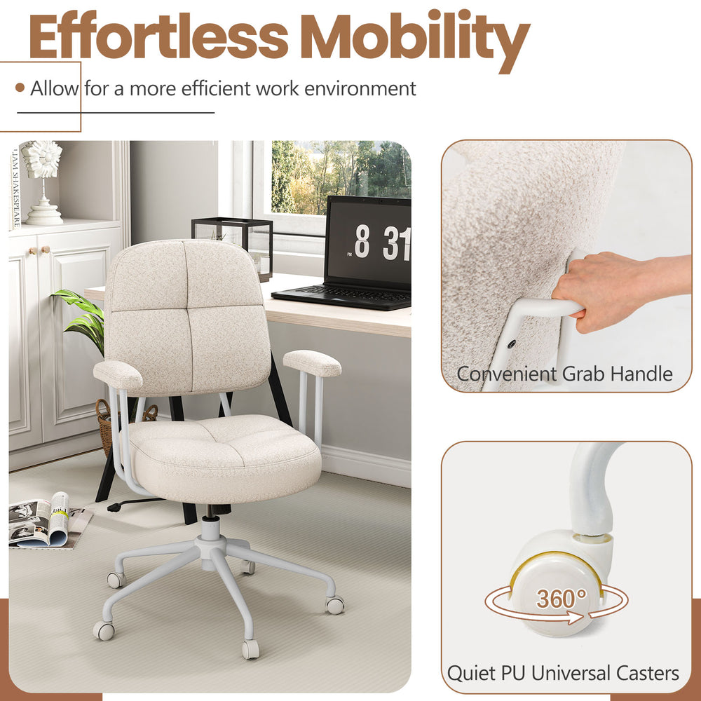 Ergonomic beige upholstered task chair with cushioned back, 360° swivel, and quiet PU casters for effortless mobility.