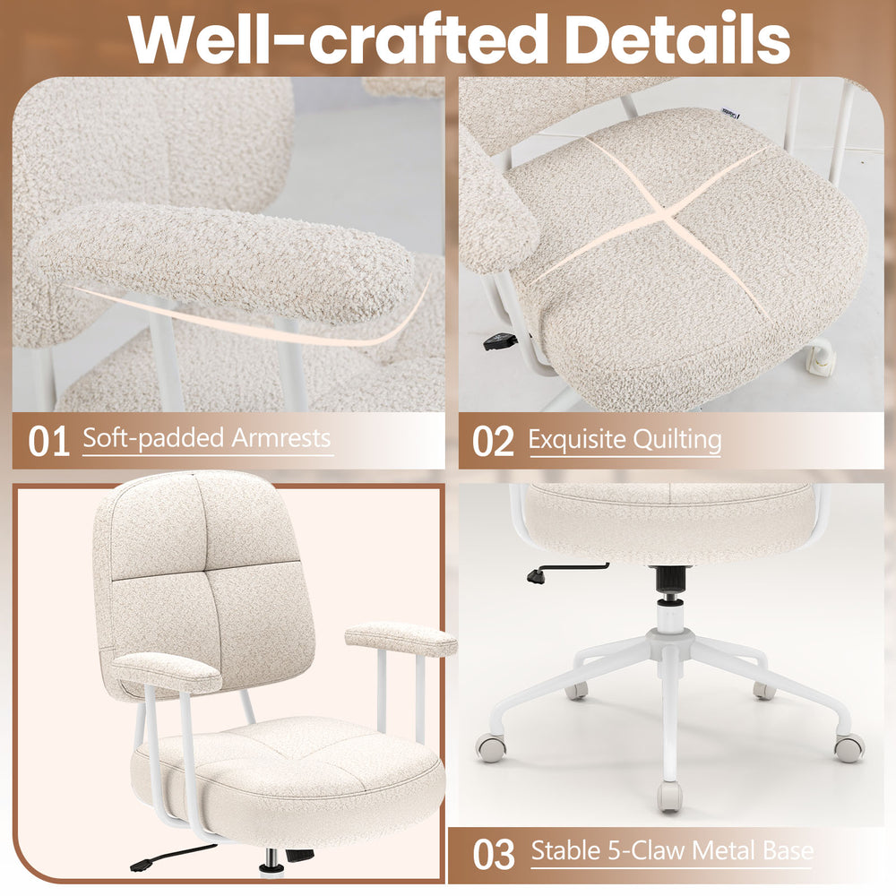 Close-up of the Leathaire upholstered task chair showing soft-padded arms and exquisite quilting in beige for home.