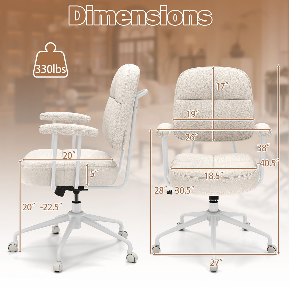 Leathaire upholstered task chair in beige with cushioned back, showing dimensions and ergonomic features for home.