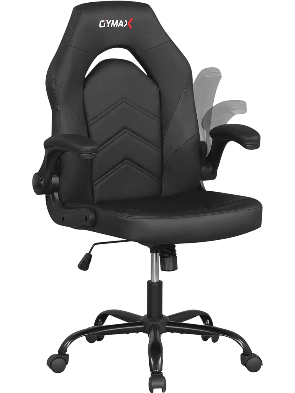 Ergonomic black leather office chair with flip-up armrests and adjustable backrest for home or office use.