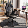 Ergonomic black leather office chair with flip-up armrests, padded seat, and adjustable height for home or office use.