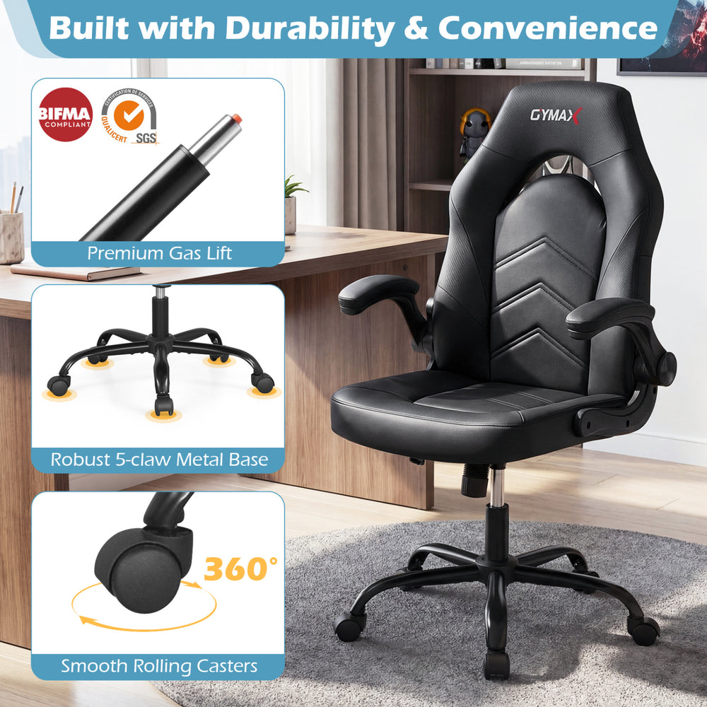 Ergonomic black leather office chair with flip-up armrests, smooth rolling casters, and robust metal base for home or.