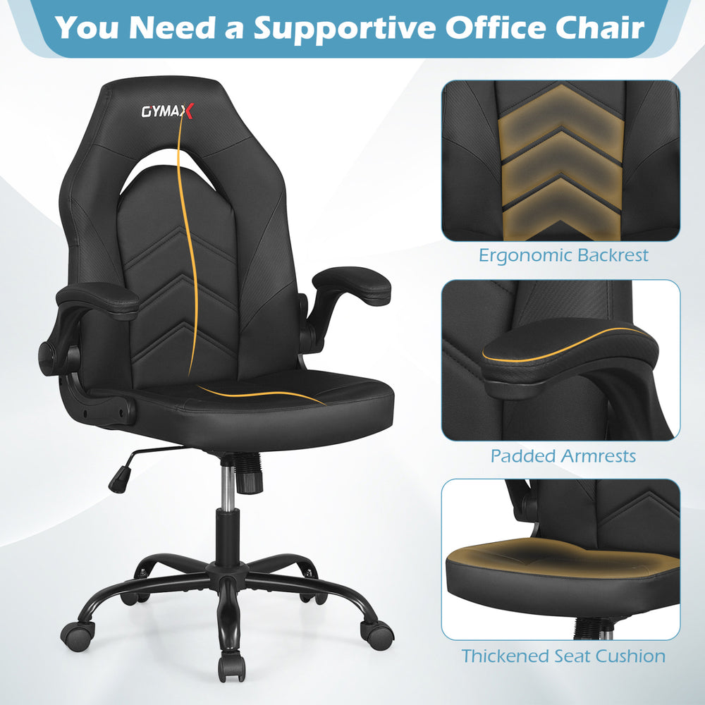 Ergonomic black leather office chair with padded armrests and thickened seat cushion, ideal for home and office use.