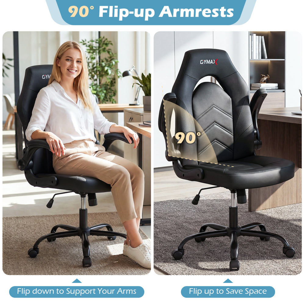 Ergonomic black leather office chair with flip-up armrests, featuring a padded seat and adjustable height for comfort.