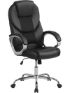Ergonomic black leather office chair with padded armrests, adjustable backrest, and 360° swivel for office use.