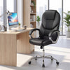 Ergonomic black leather office chair with padded armrests and adjustable backrest for home or office use.