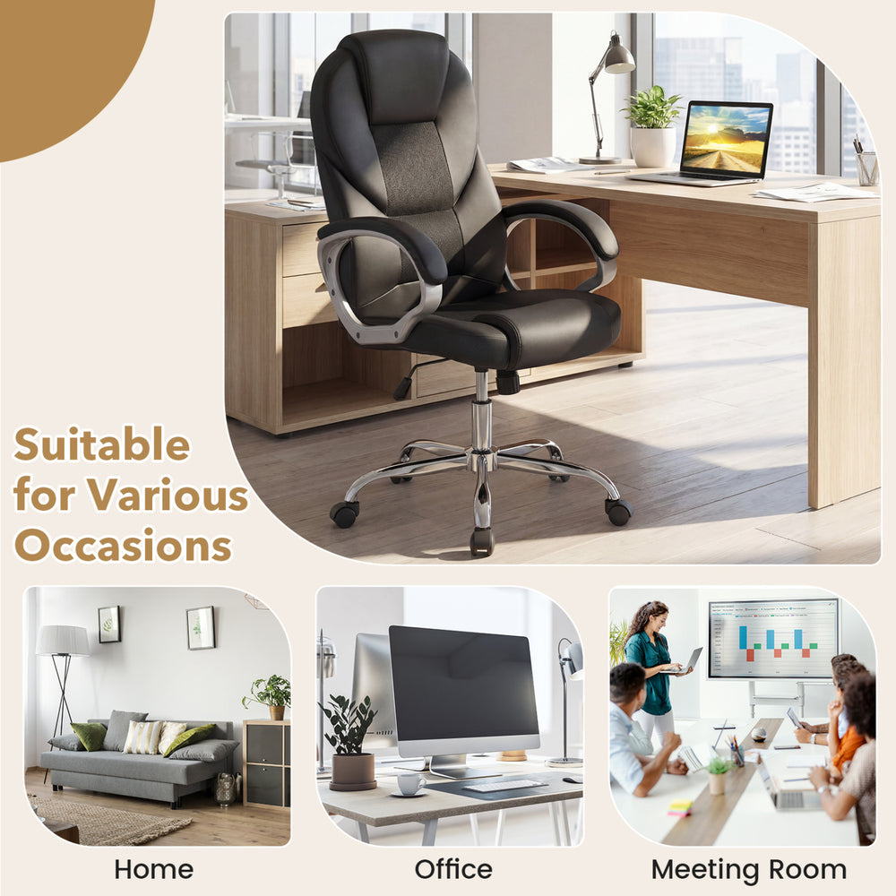 Ergonomic black leather office chair with padded armrests and adjustable backrest, ideal for home and office use.