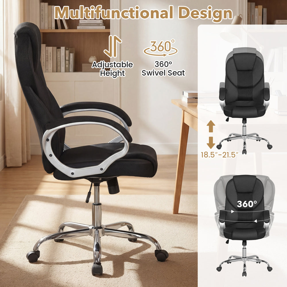 Ergonomic black leather office chair with padded armrests, adjustable height, and 360° swivel for versatile use.