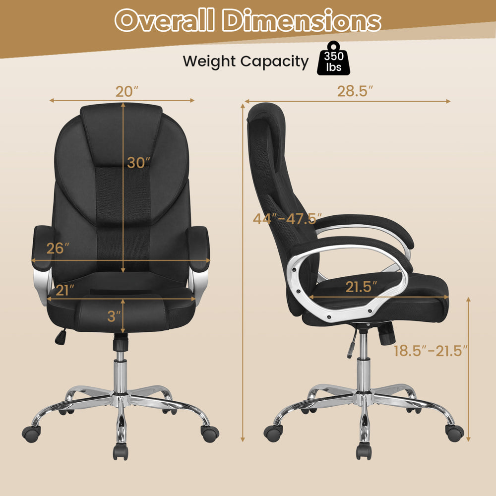 Ergonomic black leather office chair with padded armrests, adjustable backrest, and 360° swivel for versatile use.
