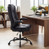 Ergonomic black leather office chair with flip-up armrests, adjustable height, and rocking function for comfortable.