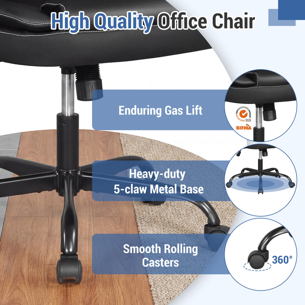 Close-up of the leather office chair's heavy-duty metal base and smooth rolling casters for ergonomic support and.