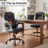 Ergonomic black leather office chair with 90° flip-up armrests, designed for comfort and space-saving in a modern.