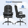 Ergonomic black leather office chair with adjustable height, flip-up armrests, and 350 lbs weight capacity, shown in.