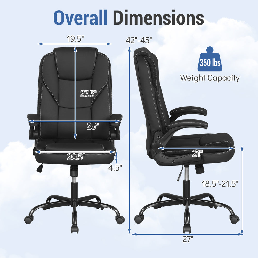 Ergonomic black leather office chair with adjustable height, flip-up armrests, and 350 lbs weight capacity, shown in.