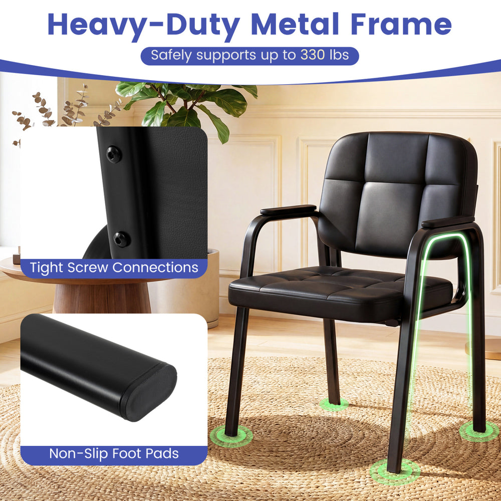 Heavy-duty metal frame leather office chair with padded armrests and non-slip foot pads, ideal for reception areas.
