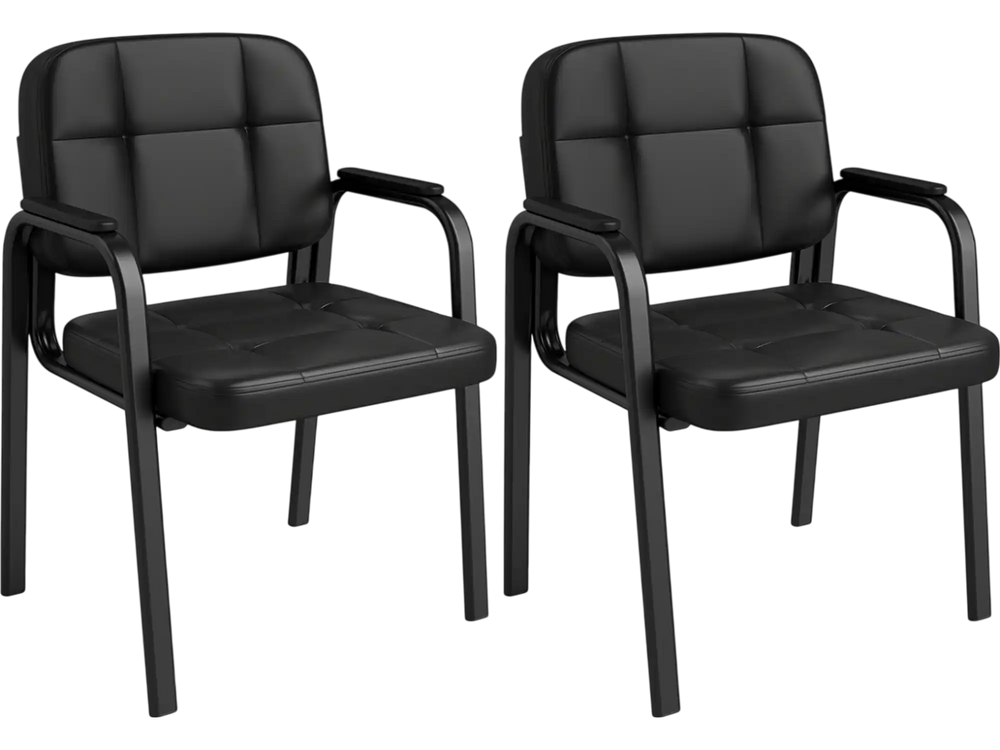 Set of 2 black leather office reception chairs with cushioned seats and ergonomic backrests for comfort in waiting.