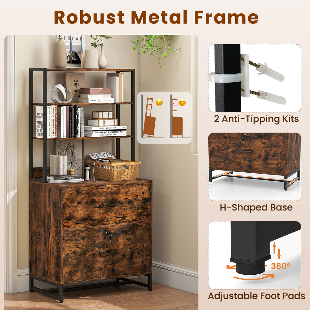 Rustic brown lateral file cabinet with lock, spacious drawer, and 4-tier bookshelf for home or office use.