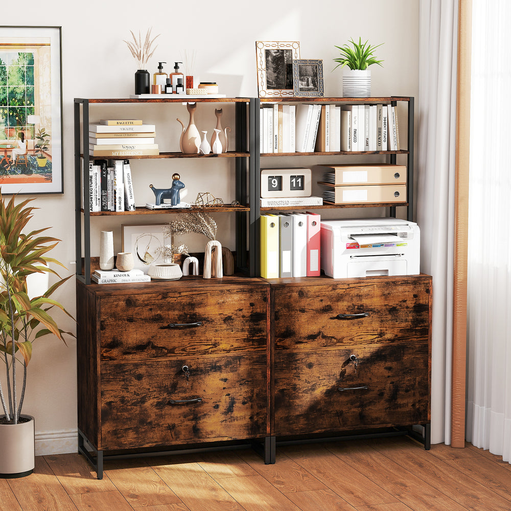 Rustic brown letter size lateral file cabinet with lock and 4-tier bookshelf, ideal for home or office organization.